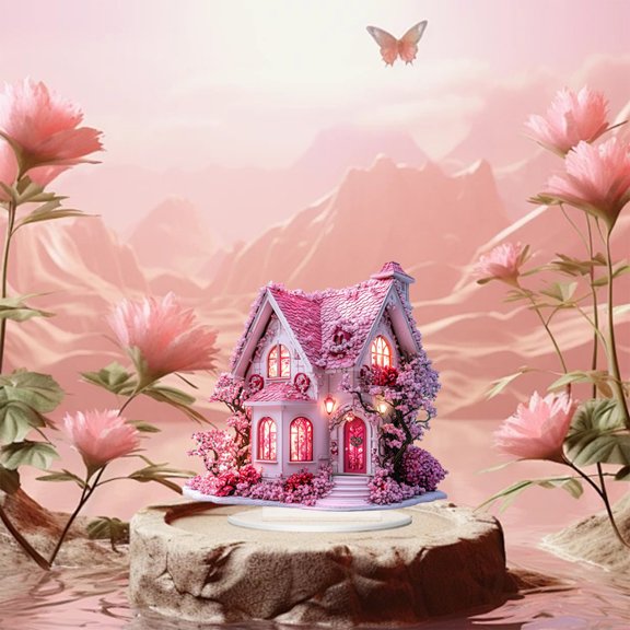 Valentine's Day Flower House Ornament, Acrylic Color Printing Flower House Desktop Decoration, Valentine's Day Ornament for Home