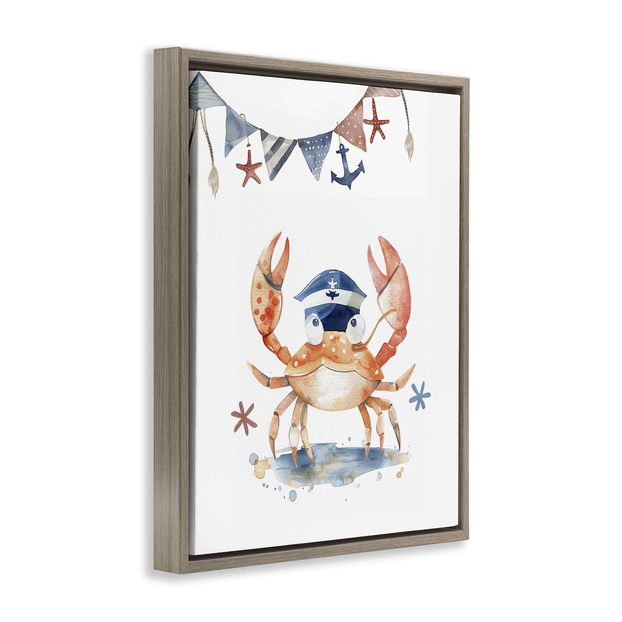 Stupell Industries Crab in Sailor Hat Animals Painting Brown Floater Framed Canvas Art Print Wall Art, 17 x 21
