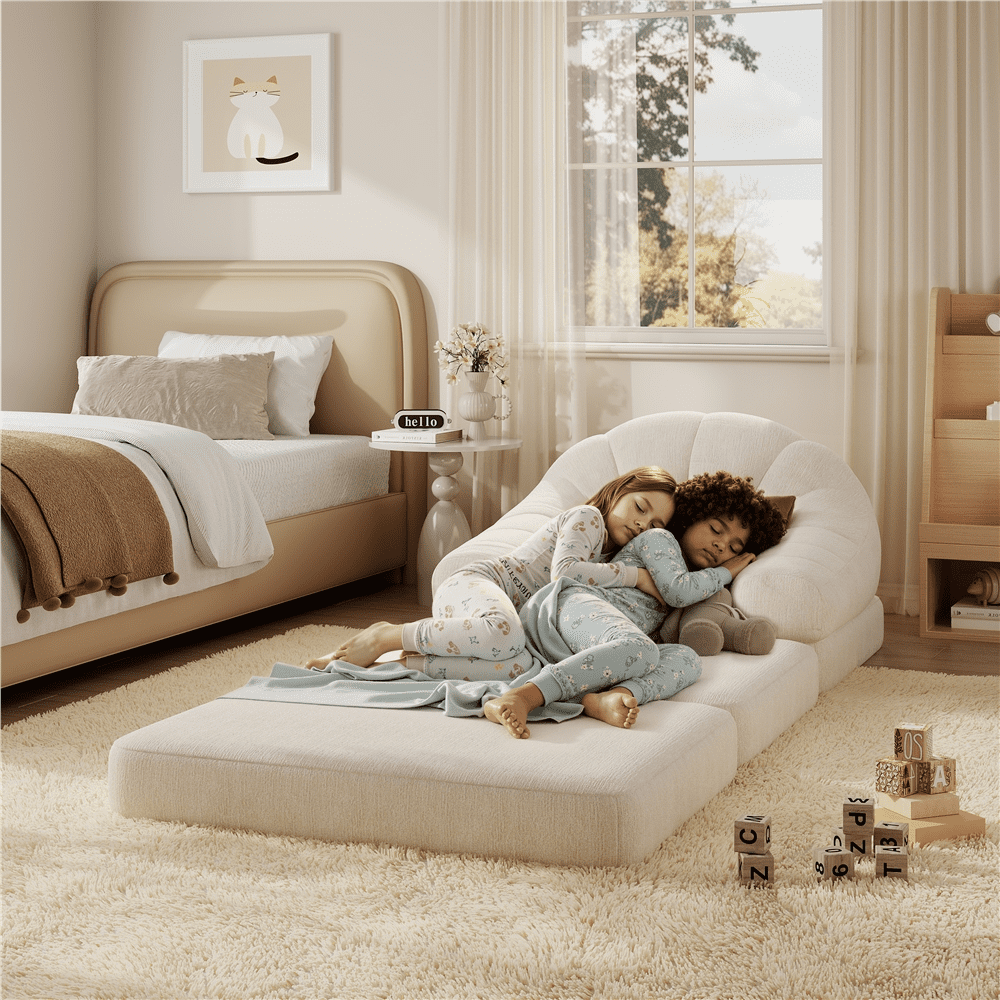 Renwick 2-in-1 Convertible Sofa  Bed Folding Sleep Chair Bed Chenille Sofa with Armrests  for Living Room and Bedroom, Beige