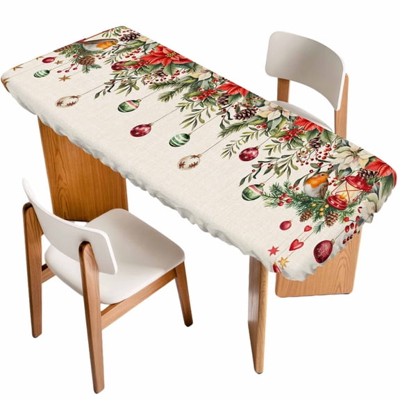 Christmas Poinsettia Table Cloths for 8 Foot Rectangle Tables, Xmas Ball Pine Cone Berry Winter Bird Patio Waterproof Elastic Fitted Tablecloths, Washable Rectangular Table Cover for Camping