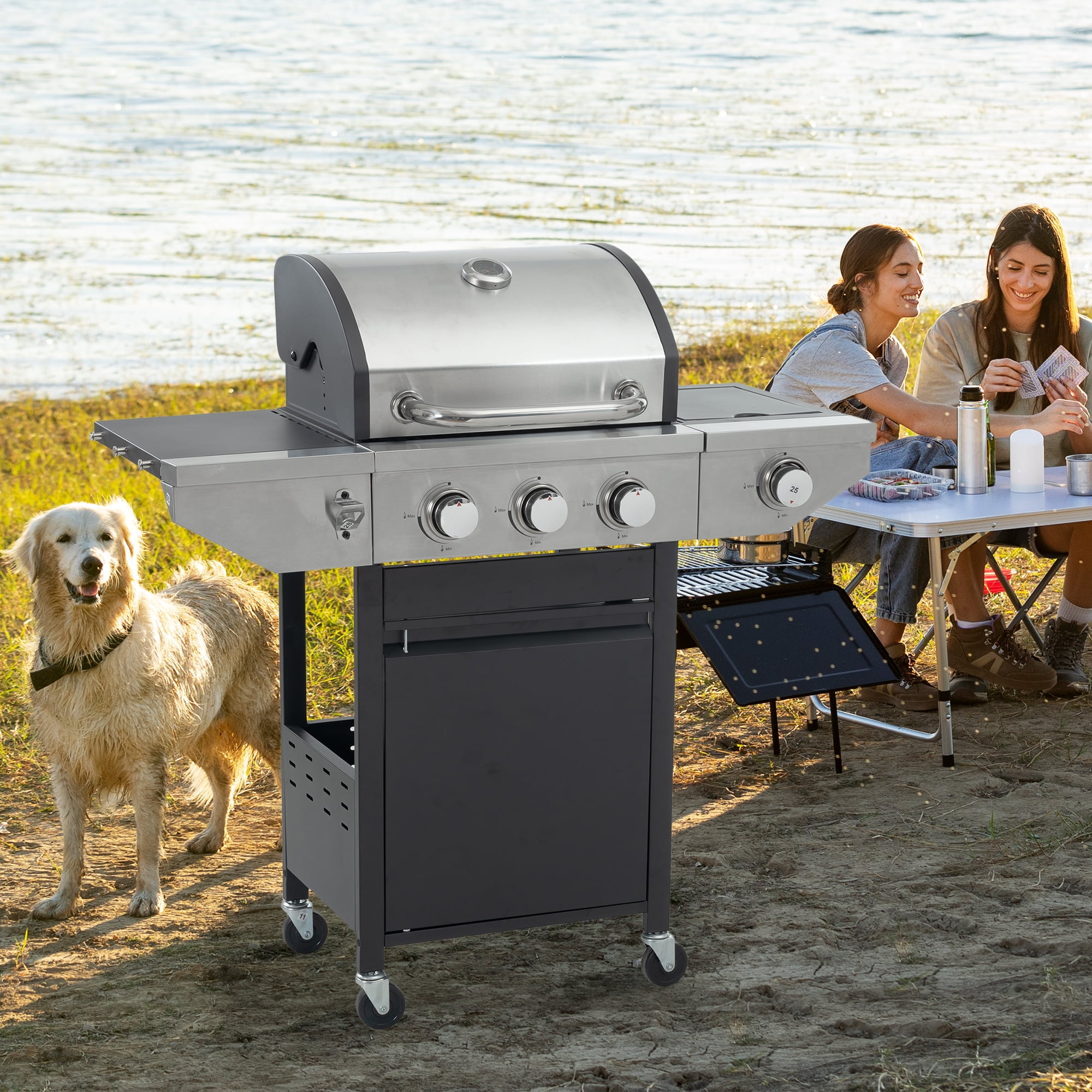 3 Burner Propane Gas Grill with Side Burner, Outdoor 37,150 BTU Stainless Steel Barbecue Grill with Lid, Wheels, Shelves and Thermometer for Camping, Outdoor Cooking