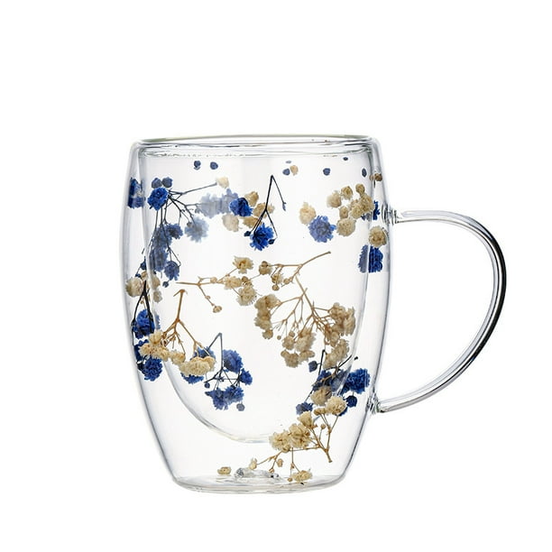 Vaso de vidrio elegante con diseño floral azul y blanco de 350 ml