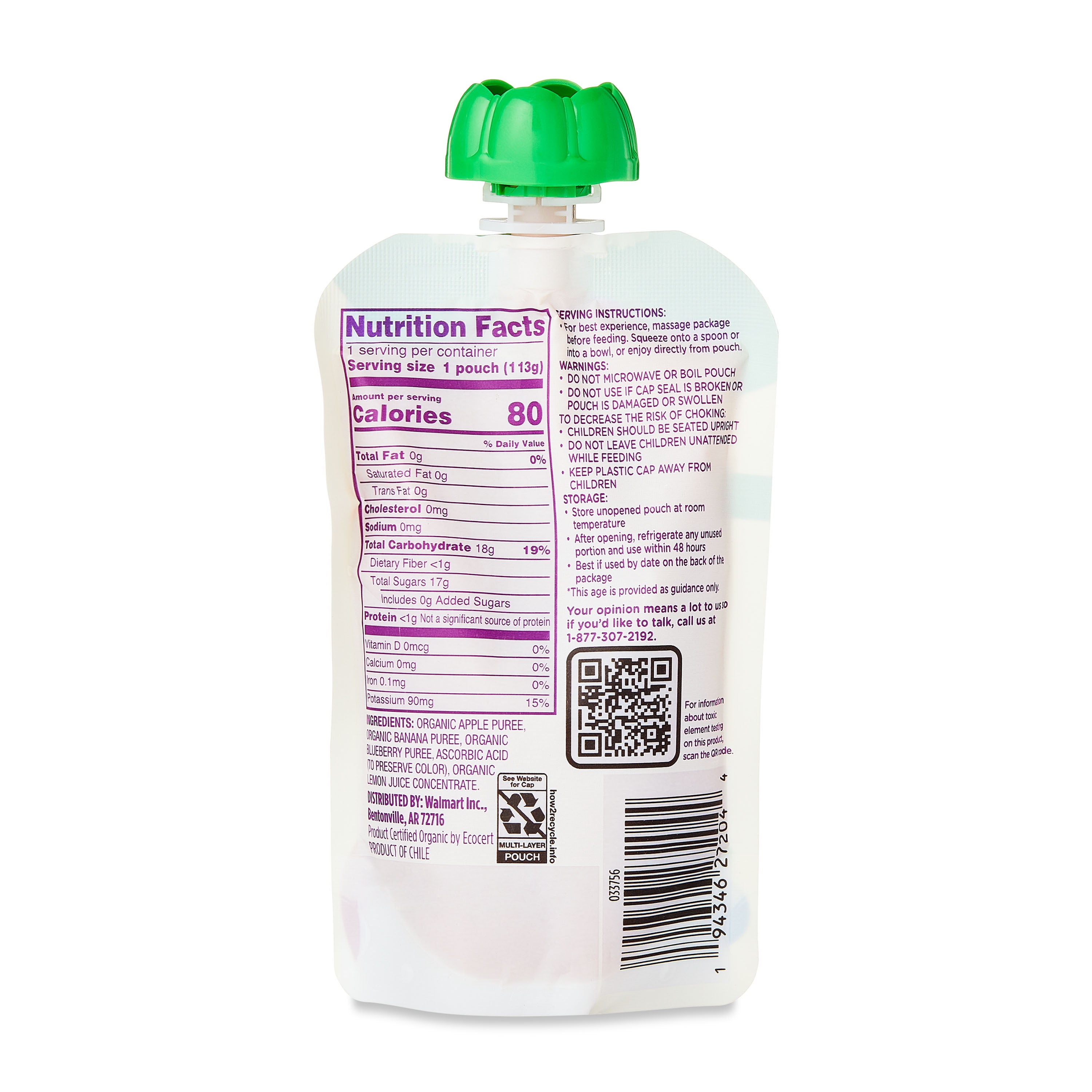 Parent's Choice Organic Stage 2 Baby Food Apple, Banana, and Blueberry Puree, 4 oz Pouch