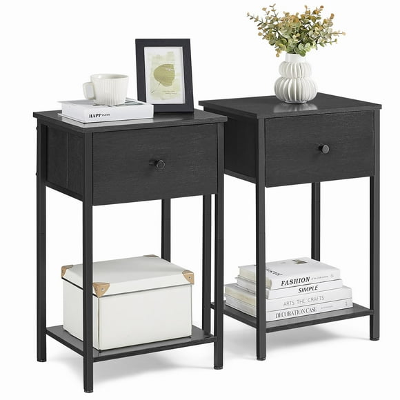 VASAGLE Tables de Chevet Lot de 2 Table d'Appoint avec Tiroir en Tissu Table de Bout de 24 Pouces avec Étagère de Rangement Chambre Noir ULGS221B21