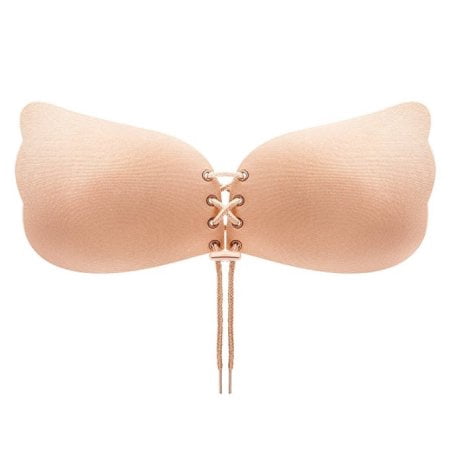AmazingForLess Tan Sexy Strapless Self Adhesive Sticky Bra Push Up Invisible Silicone Bras for Women with Drawstring Great for Events Weddings Tan