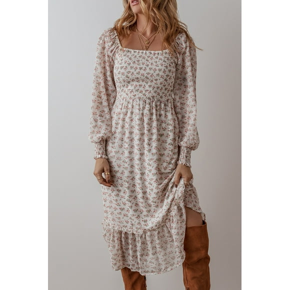 FOLUNSI Elegant Floral Shirred Midi Dress - Square Neck & High Waist