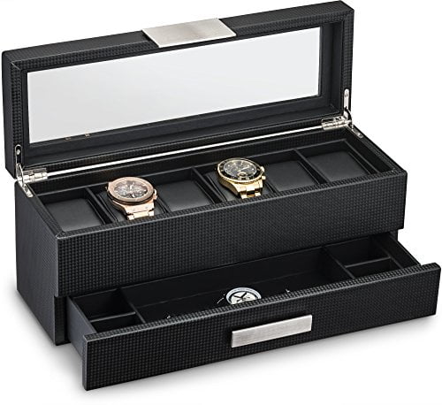 Glenor Co Watch Box with Valet Drawer for Men - 6 Slot Luxury Watch Case  Display Organizer, Carbon Fiber Design -Metal Buckle for Mens Jewelry 