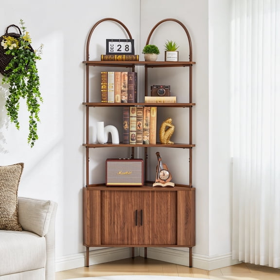 LEFHDA 71.2" Tall Corner Bookcase with 5 Tiers & Arched Storage, Large Display Bookshelf for Living Room, Home Office, Study, Walnut