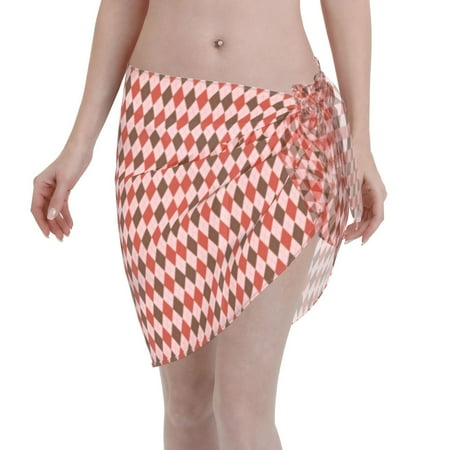 Adobk Women Beach Sarong Bathing Suit Red And Brown Squares Print Wrap Skirt Sheer Bikini Swimsuit Cover Ups For Swimwear