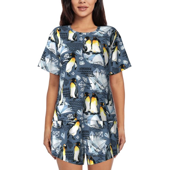 Ratiio Penguin Arctic Adventure Print Womens Pajama Sets 2 Piece Soft Short Sleeve Top and Shorts Sleepwear Round Neck Pjs Lounge Set