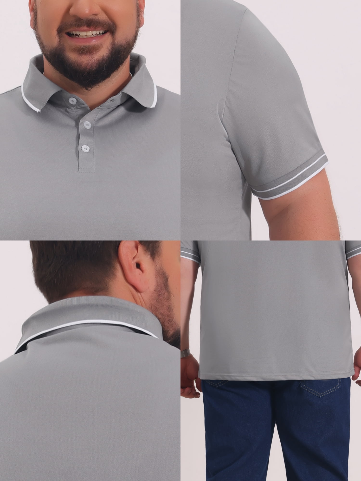 DARING DIVA Men's Big Tall Contrast Trim Short Sleeve Work Office Golf Shirts XL Gray