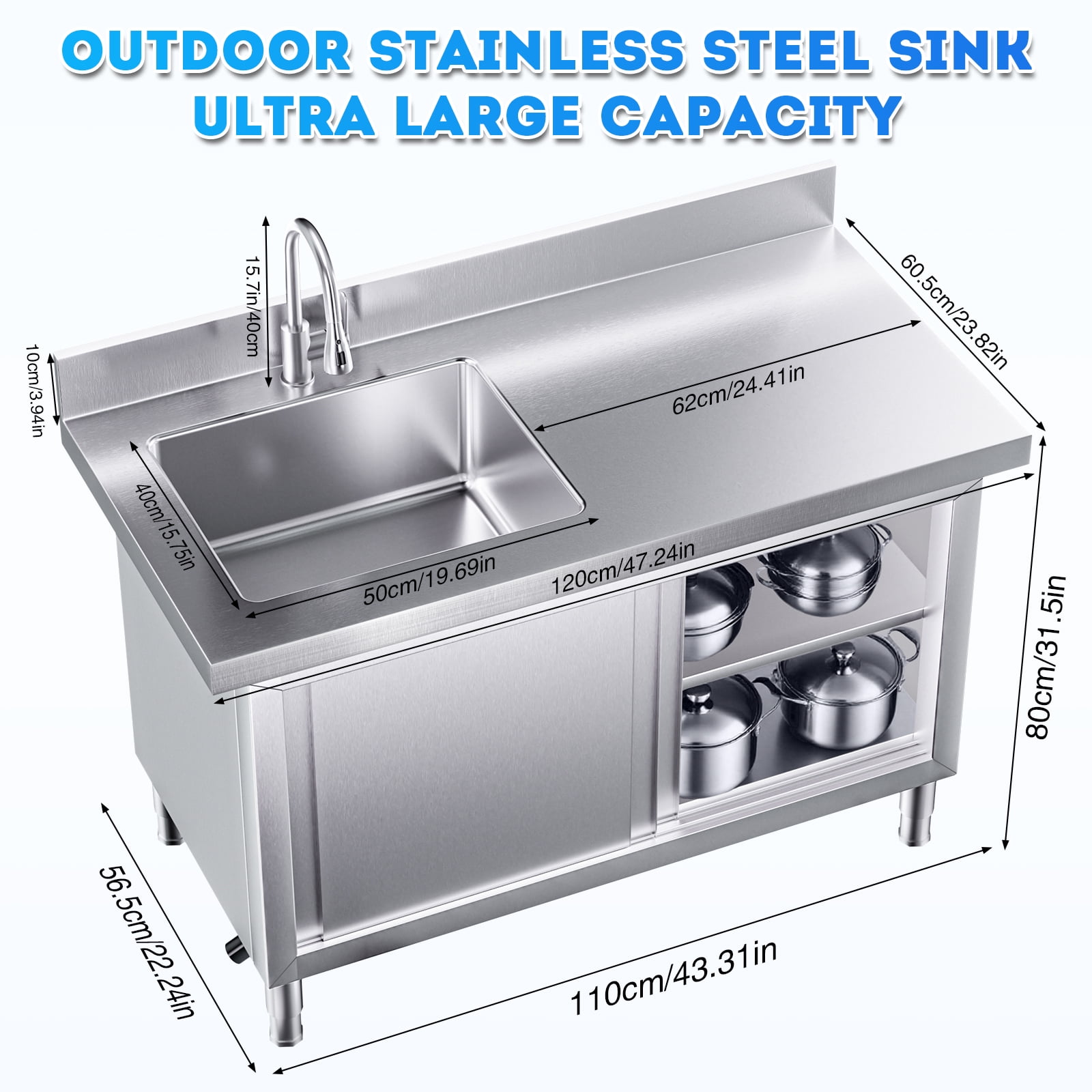 Gaonala 43.3in Outdoor Stainless Steel Utility Sink 2-Tier Cabinet Pull-out Faucet Workbench for Kitchen Office School