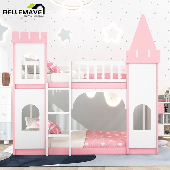 Bellemave Pink Twin over Twin Kids Castle-shaped Bunk Bed with Ladder for Girls Boys, Twin Size Wood Kids Bunk Bed Frame with Castle Appearance for Kids Child