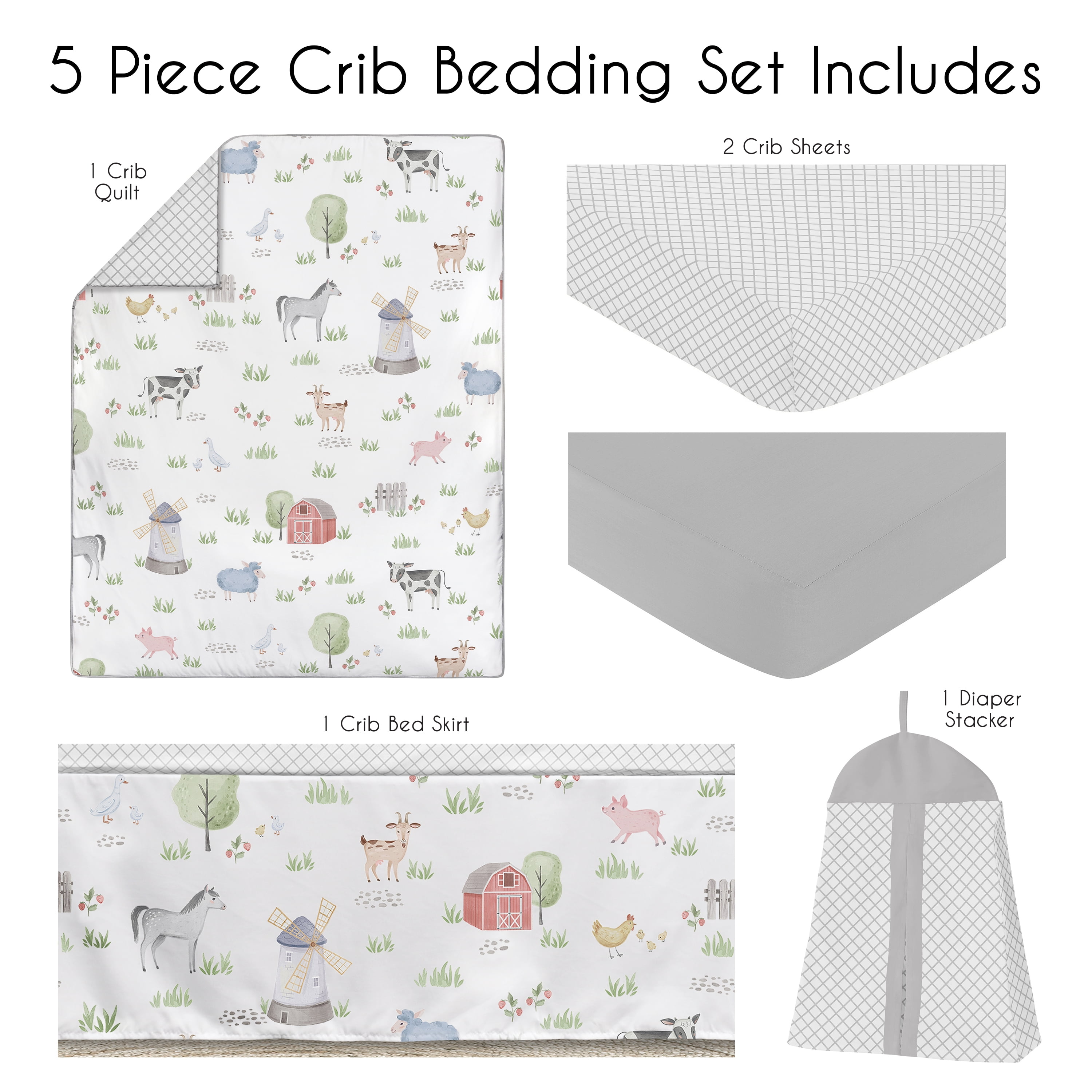 Sweet Jojo Designs Farm Animals Grey Blue Red Green 5 Piece Crib Bedding Set