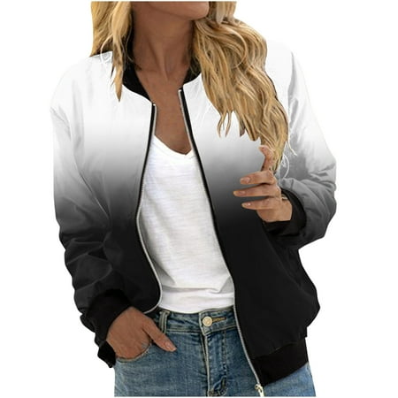 JGGSPWM Womens Bomber Jacket Casual Coat Fall Fashion Zip Up Lightweight Long Sleeve Outwear Pockets Gradient Print Sweatshirt Gray S