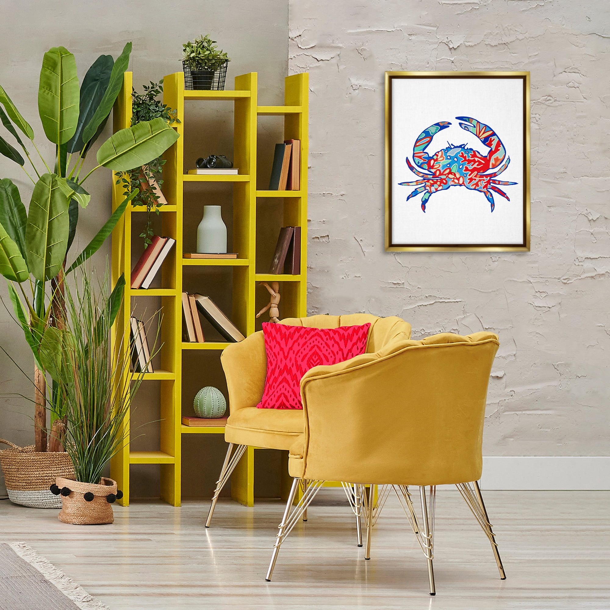 Stupell Industries Coral Patterned Crab Animals & Insects Painting Gold Floater Framed Canvas Art Print Wall Art, 17 x 21