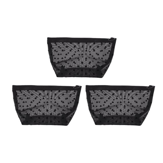 3 Piezas Bolsa de Maquillaje de Malla con Patrón de Corazón para Vacaciones y Viajes de Negocios Tela de Malla Negra
