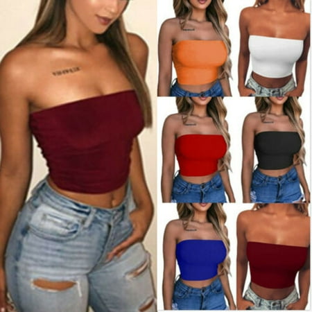 Black Strapless Tank Top The Noble Collection Women's Sexy Crop Top Sleeveless Stretchy Solid Strapless Tube Top White ()