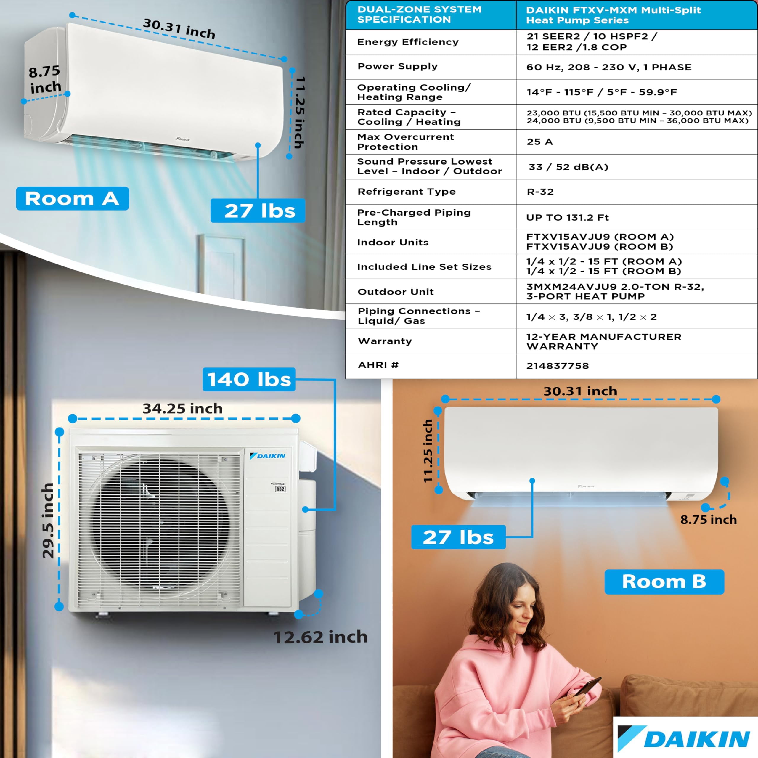 Daikin 24,000 BTU (9K + 15K) 21SEER2 Dual Zone Mini Split Wi-Fi