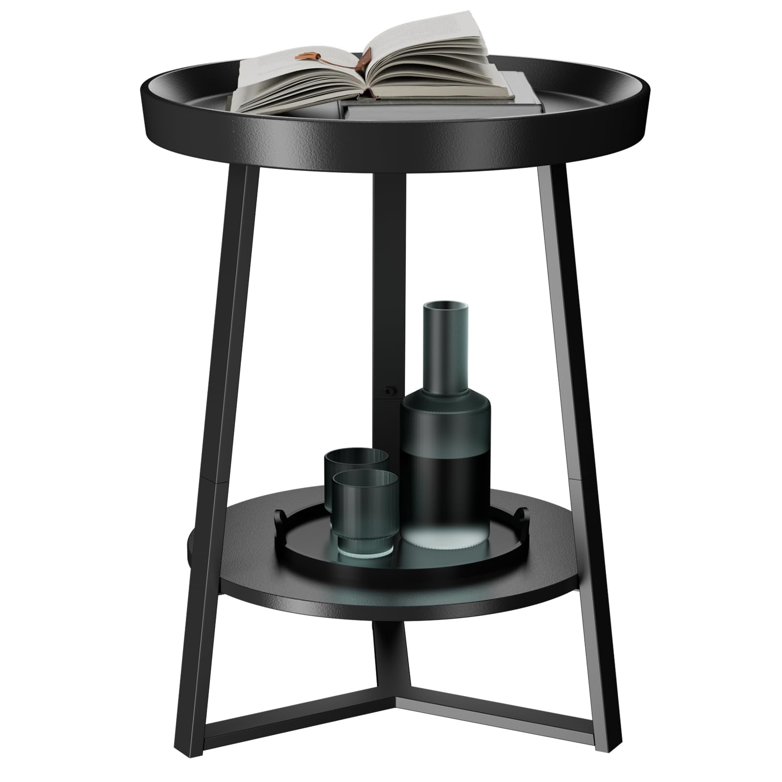 Farmhouse 2‑Tier Round End Side Table with Storage Shelf Accent Nightstand with Wood Tabletop and Metal Frame Multi‑Purpose Sofa Side Table for Living Room Bedroom Home Furniture
