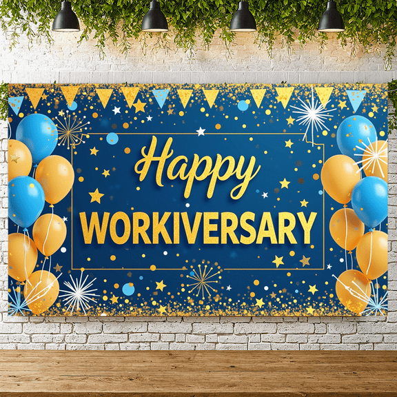 Blue Theme Happy Workiversary Banner Office Celebration Gold Stars Balloon Decoration for Company Event Workplace Party Milestone