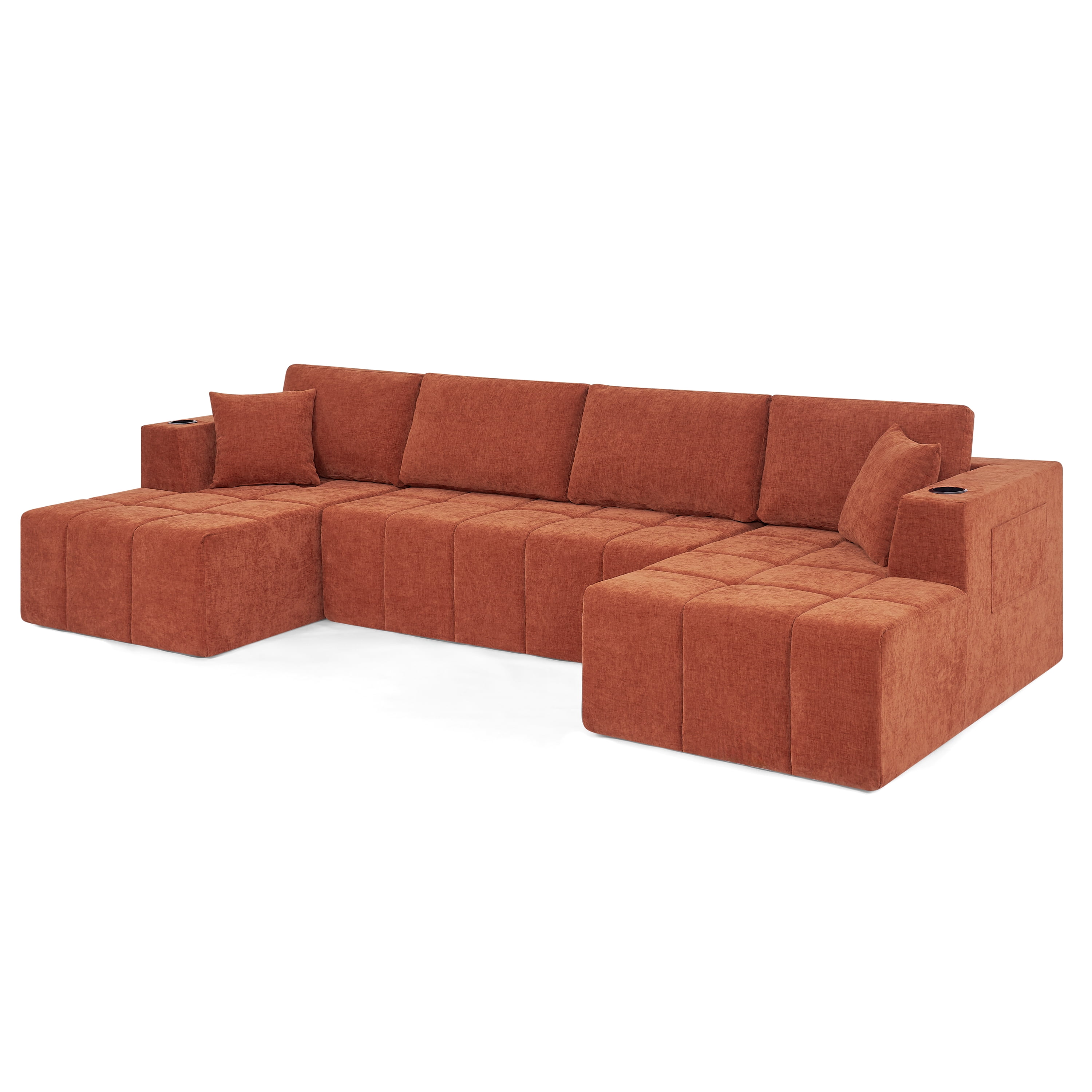 Howcool 132" U-Shaped Modular Cloud Couch, Oversized Deep Seat Chenille Sectional Sofa with Double Chaise, Boneless Comfy Couch with Cup Holders & Side Pockets, No Assembly Required,Orange