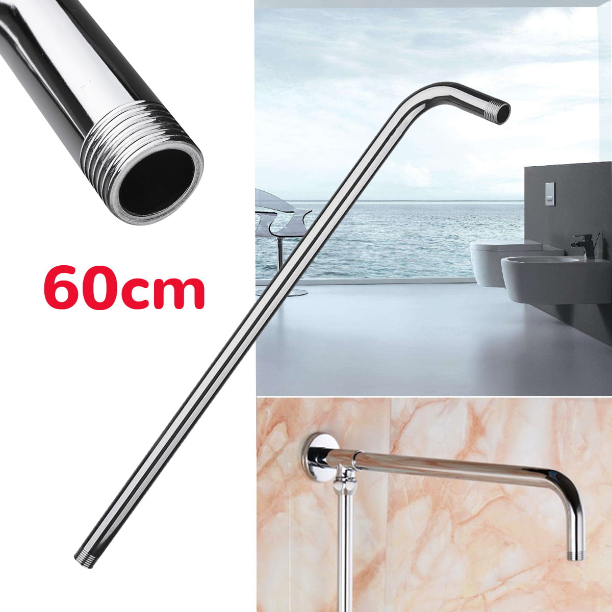 24in 60cm Stainless Steel Rainfall Shower Head Extension Arm Wall Mounted Tube 