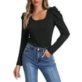 thumbnail image 1 of Blusa básica de manga larga con cuello cuadrado INSPIRE CHIC para mujer, con mangas abullonadas, color negro, talla S, 1 of 6