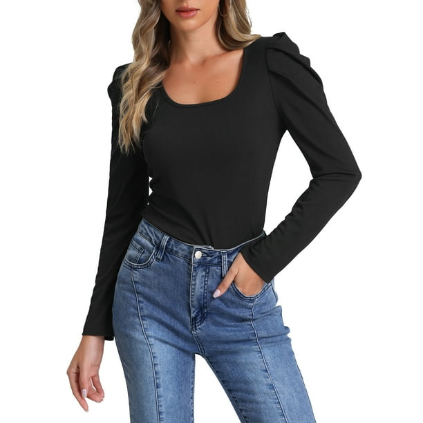 Blusa básica de manga larga con cuello cuadrado INSPIRE CHIC para mujer, con mangas abullonadas, color negro, talla S