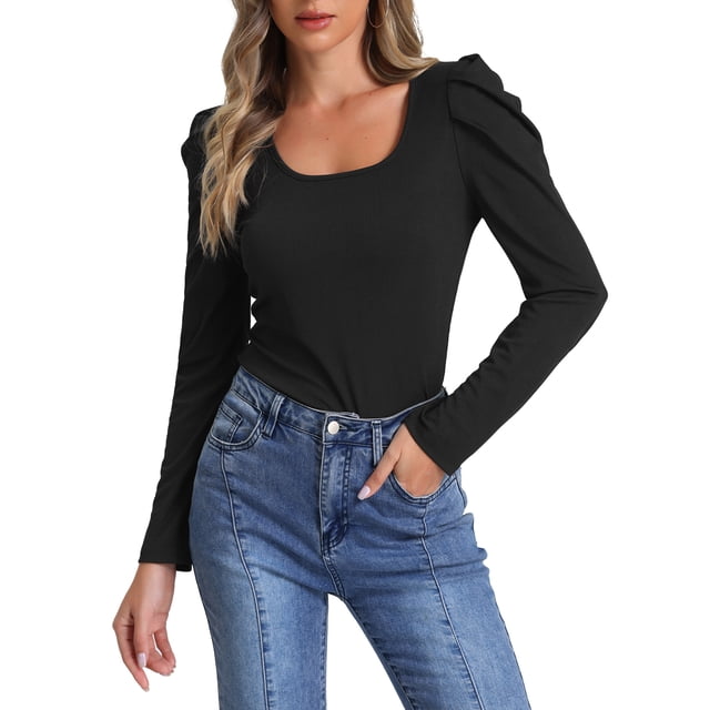 Blusa básica de manga larga con cuello cuadrado INSPIRE CHIC para mujer, con mangas abullonadas, color negro, talla S