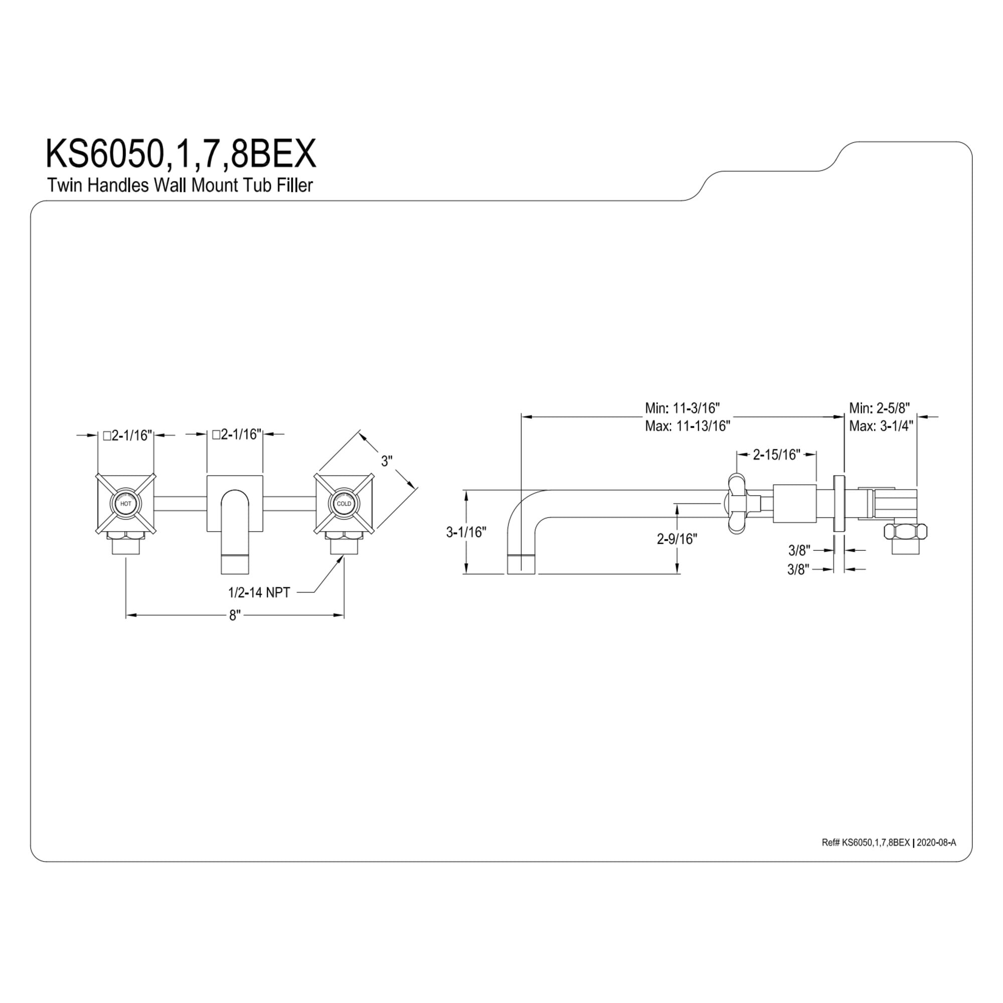 Kingston Brass KS6050BEX Essex Two-Handle 3-Hole Wall Mount Roman Tub Faucet in Matte Black