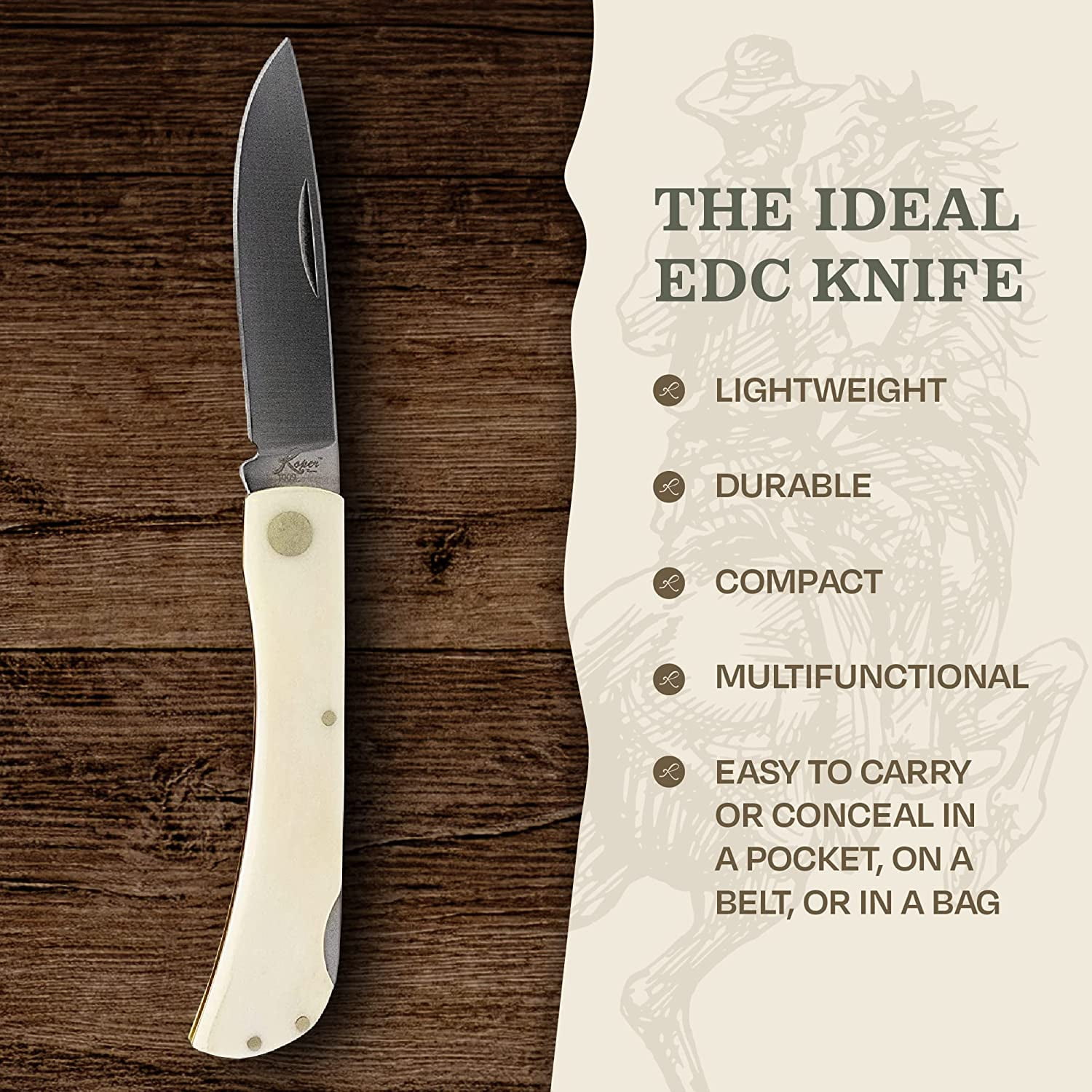 Roper Folding Lockback Tumbleweed White Bone Pocket Knife, 3.5"