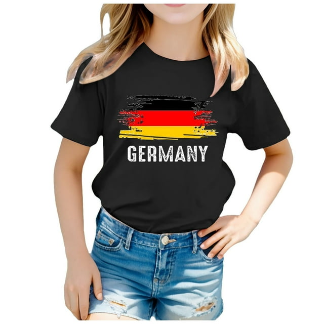 LUOGENLI T-Shirt pour Filles Enfants Drapeau de l'Allemagne Imprimé Manches Courtes Col Rond T-Shirt Floral Tendance Mode Chandail de Base Hauts Maxi Chemises pour Filles avec Fente Noir 6-7 Ans