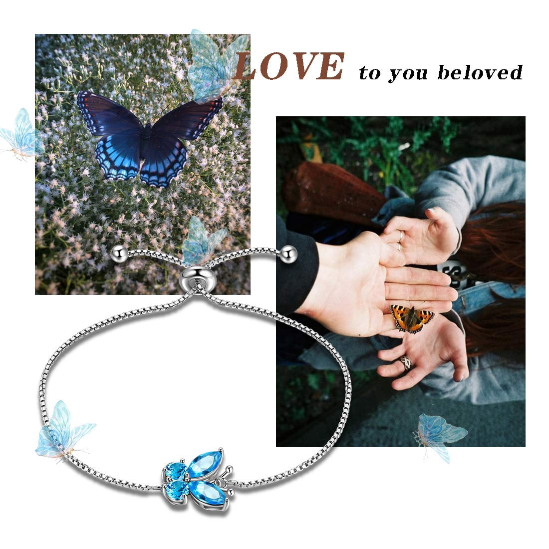 March Birthstone Bracelets Blue Butterfly Bracelet Aquamarine Crystal 925 Sterling Silver Jewelry Women Birthday Xmas Mother's Day Gift