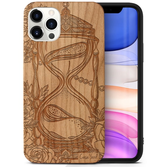 Case Yard Wooden Case Outside Soft TPU Silicone Slim Fit Shockproof Wood Phone Cover for Girls Boys Men and Women Supports Wireless Charging Hourglass with Roses Design case for iPhone-11-Pro-Max