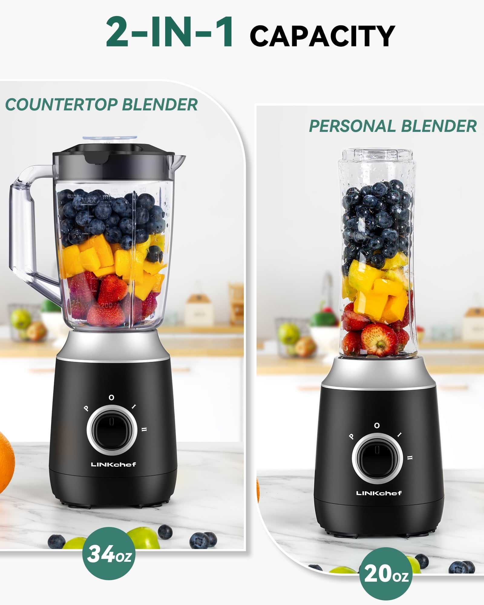 LINKChef Multi Function Blender for Smoothies, 35oz. Jar, Personal Blender Travel Cup, Coffee Grinder (Black)