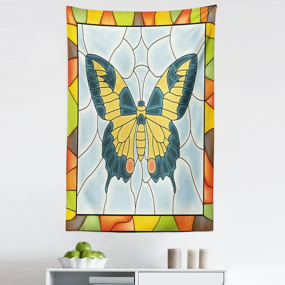 Colorful Tapestry, Butterfly in Stained-Glass Window with Frame Wing Spring Garden Illustration, Fabric Wall Hanging Decor for Bedroom Living Room Dorm, 5 Sizes, Multicolor, by Ambesonne
