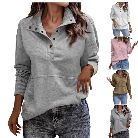 NJDVHB Économies d'Automne et d'Hiver! Hauts pour Femmes Tendance, Chandail en Molleton pour Femmes, Hauts d'Automne pour Dames, Blouses Décontractées Mode à Boutons Poches Col à Revers Manches Longues Sans Capuche, Café, S