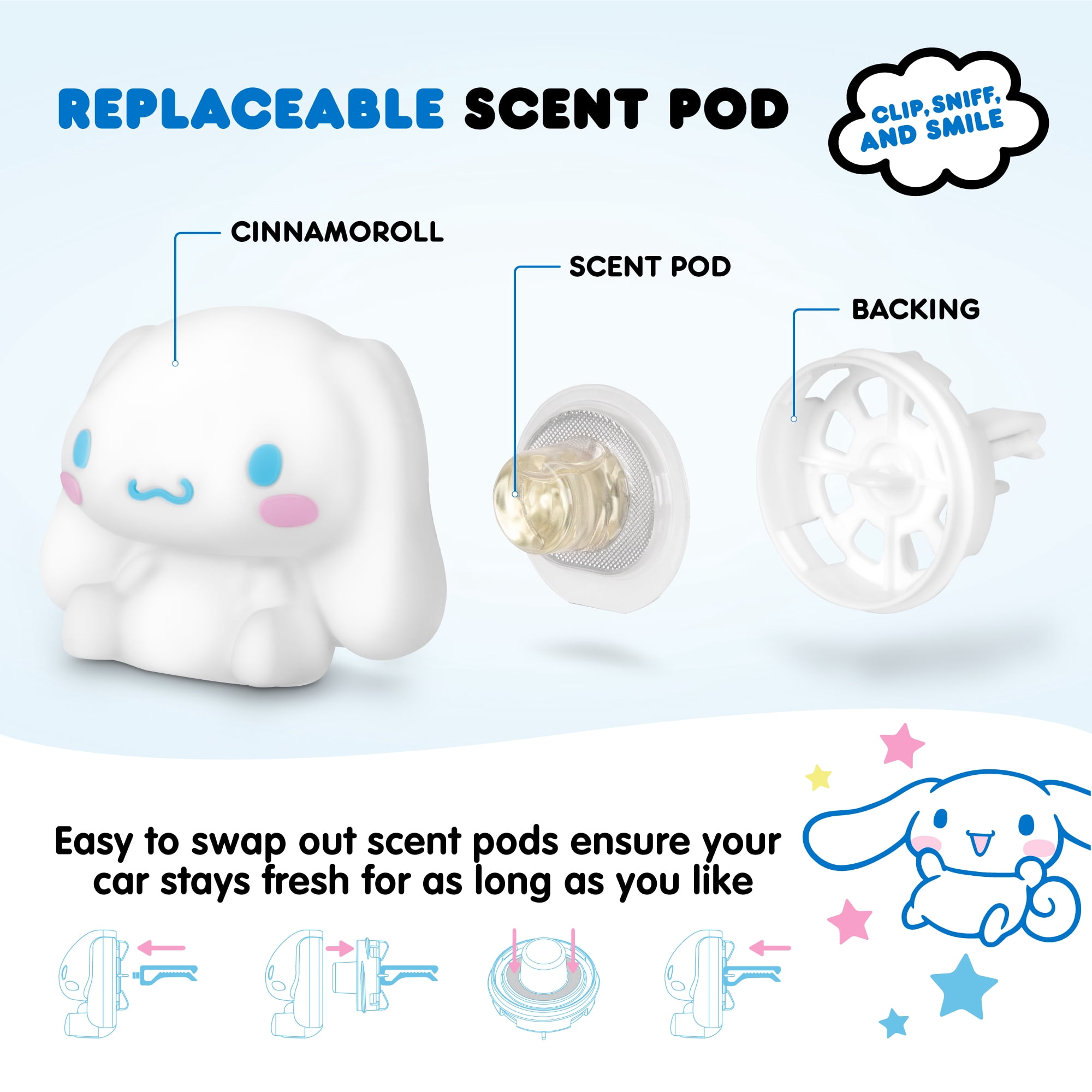 Official Sanrio Hello Kitty Cinnamoroll Steering Wheel Cover with Easy Clip-on Car Air Freshener, Odor Eliminator, Fun Scents