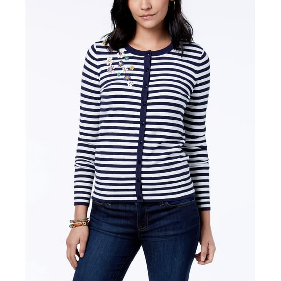 Charter Club Embellished Striped Cardigan Intrepid Blue Striped M