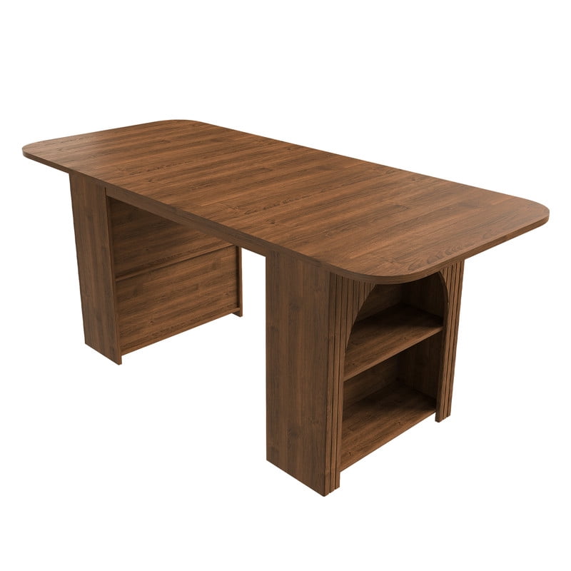 70.87-in Long Mid-Century Modern Dining Table for 4-6, MDF Wooden Kitchen Lunch Table with Drawers & Open Storage Shelf