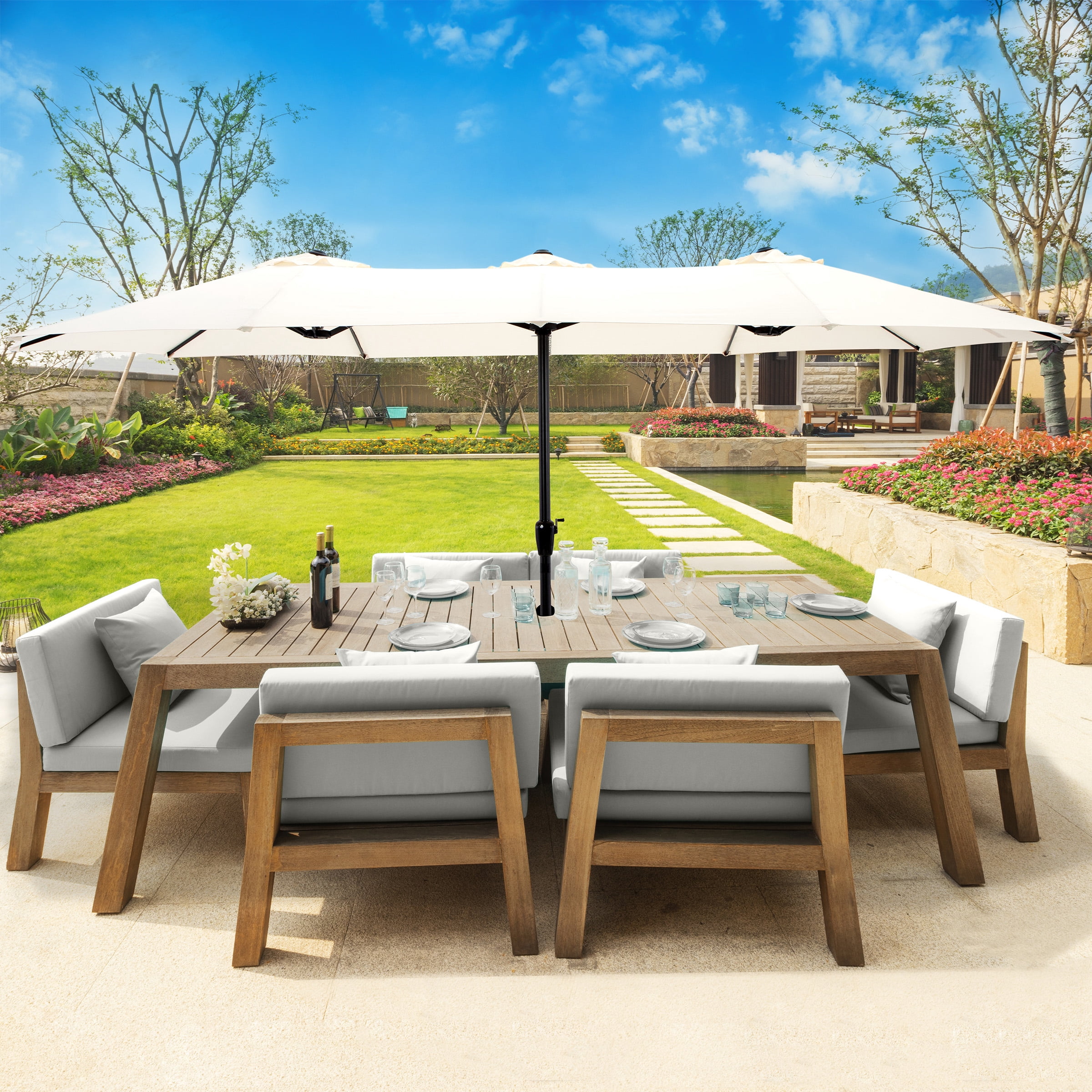 Pure Garden 15 Ft Double Patio Umbrella – XL Sunshade with Hand Crank, Beige