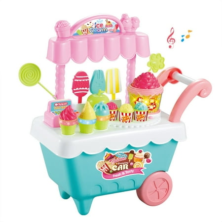 28 PCS Ice Cream Cart, Play Kitchen Toy for Kids, Popcorn cart, DIY light music toy car, trolley SHANGJUE