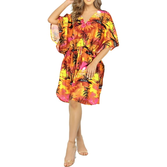 HAPPY BAY Women's Summer Loungewear OverSize Caftan Mini Casual Sundress 2X-3X Orange, Palm Tree