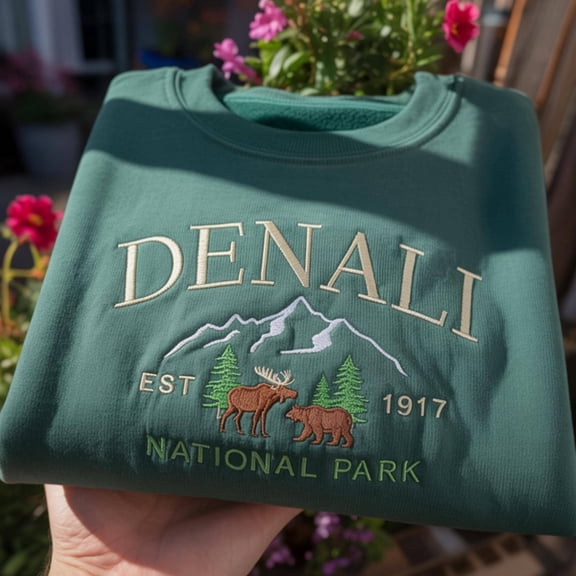 Embroidered Denali National Park Sweatshirt, Vintage Moose & Bear Crewneck