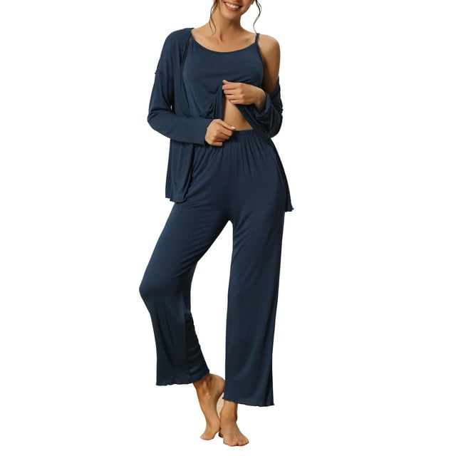 INSPIRAR CHIC Conjunto de Pijamas de 3 Piezas para Mujeres, Cardigan de Manga Larga, Cami y Pantalones, Color Sólido, Azul