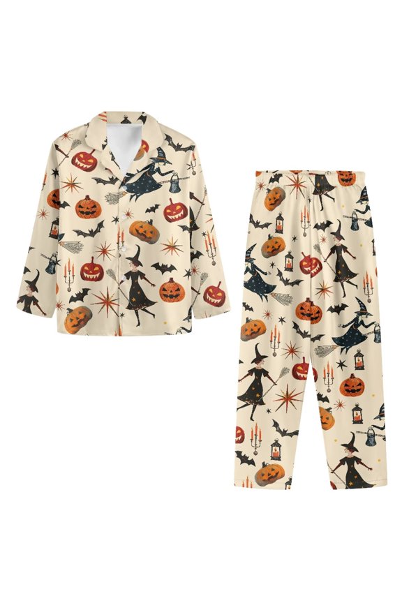 Women's Halloween Pjs Set, Long Sleeve Button Down Tops and Full Length Pants Loungewear Size 3XL, Pumpkin Bat Print Soft Breathable Sleepwear With Pockets for Home, Holiday Parties