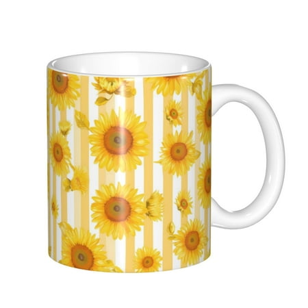 

Yiaed Yellow White Striped Sunflower Print Ceramics Coffee Large Handle Design Extra Large Tea and Coffee Cup for Office and Home Mugs