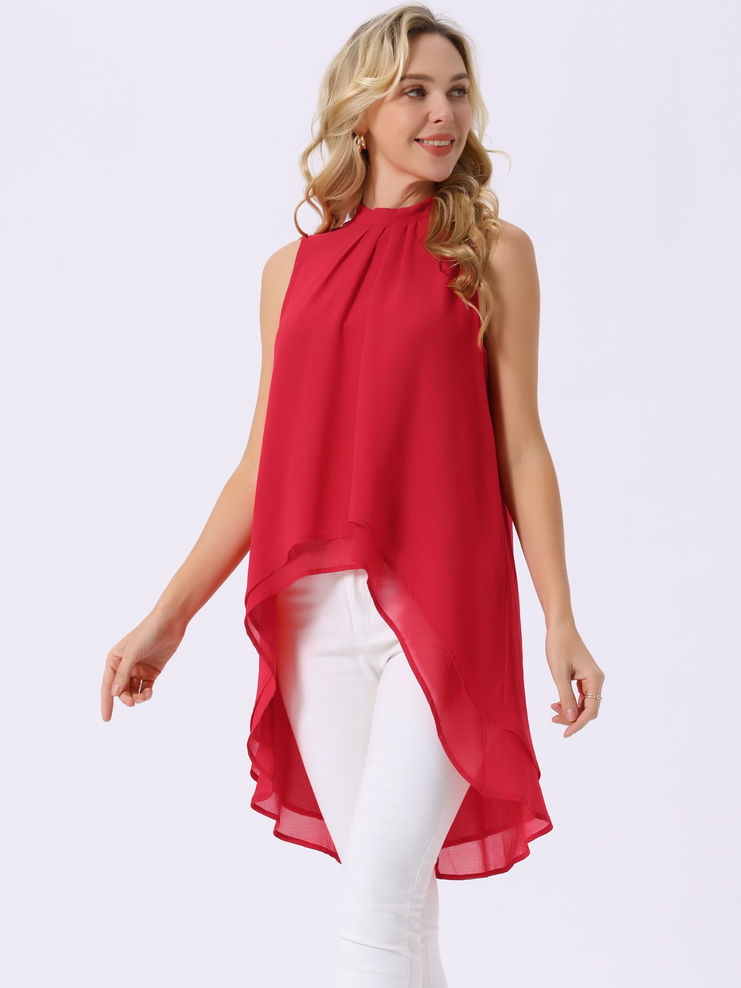 DARING DIVA Women's Tie Back High Low Mock Neck Blouse Tops L Red