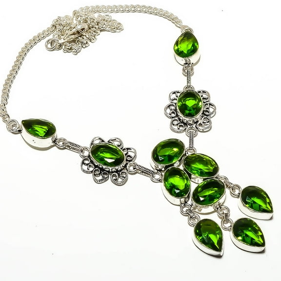 Emerald Quartz (Simulated) 925 Sterling Silver Tennis Necklace 17.99" TN7791-39, Beautiful Jewelry For Woman, New Year Sale, Valentin's Day Gift